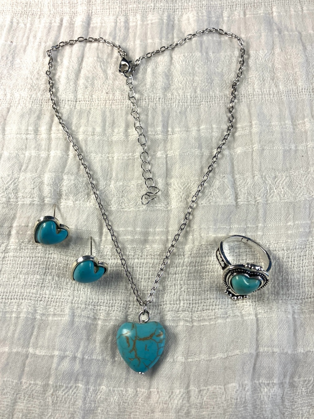 Sterling-Style Turquoise Heart Jewelry Set - Necklace, Ring & Earrings